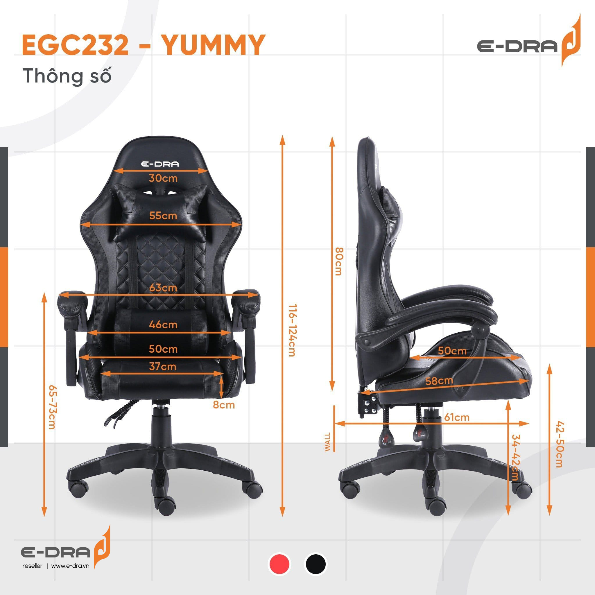 Kích thước ghế game E-Dra Yummy EGC232