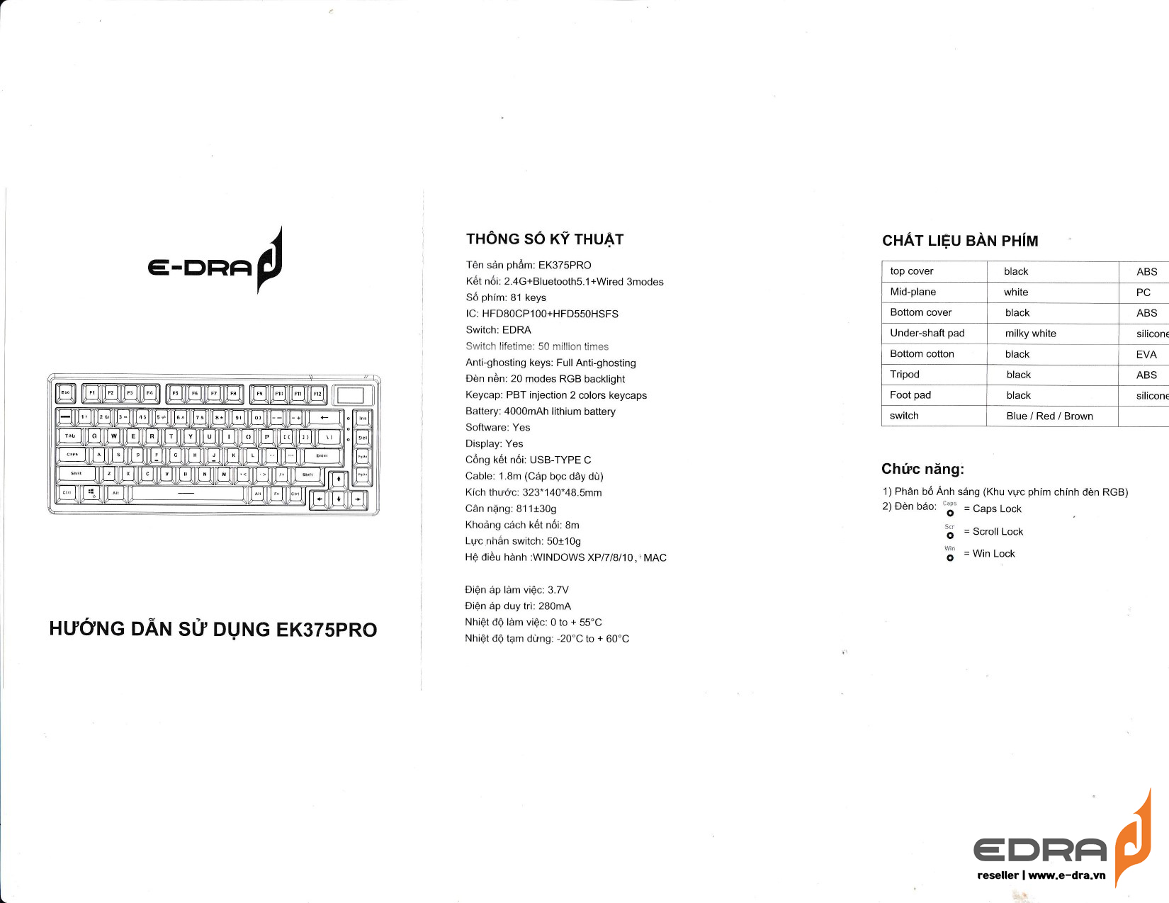 Hướng dẫn sử dụng bàn phím EDra EK375 Pro - hình 1